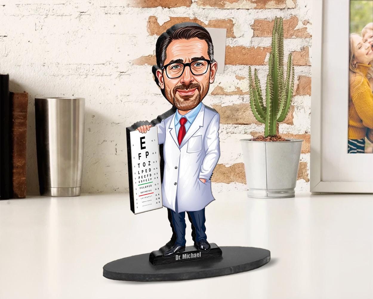 Optometrist Gift | Optician | Eye Doctor Gift | Caricature Portrait From Your Photo | Personalized Wooden Cartooned Figurine Trinket