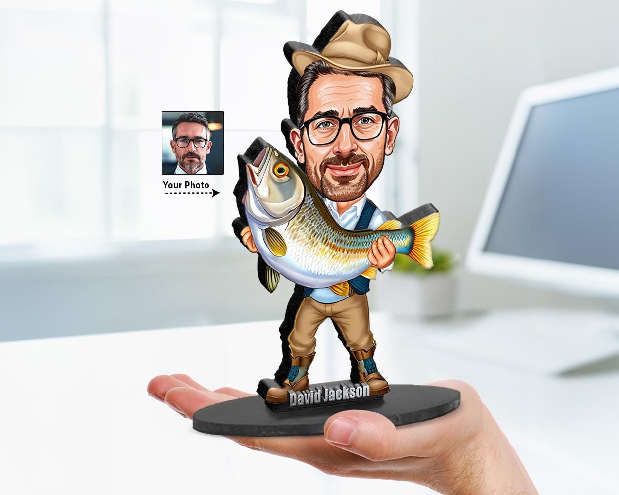 Big-head caricature of a fisherman or fisherwoman holding a large fish, printed on wood or acrylic, standing pose, white background.