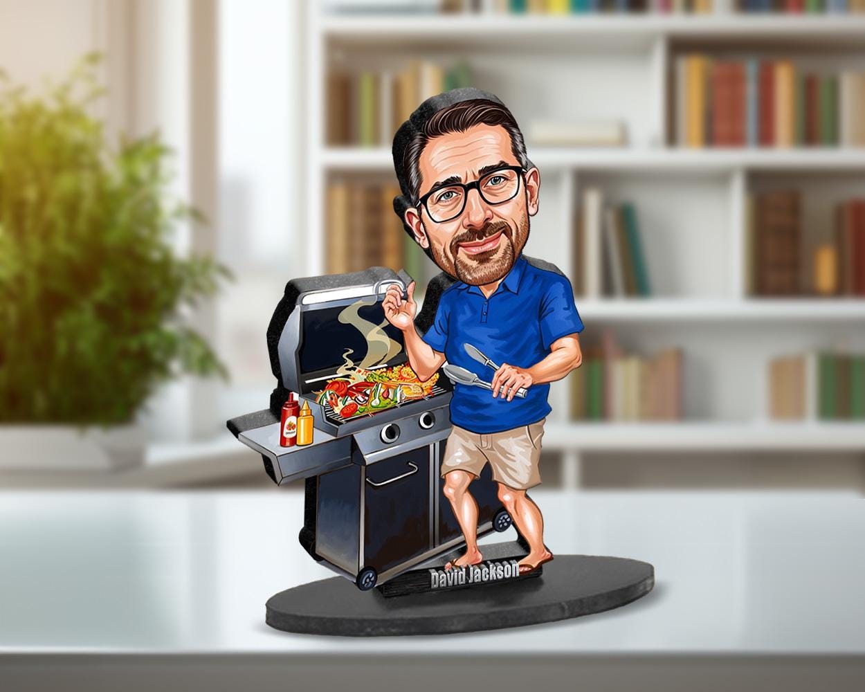 BBQ Master Gift | Father's Day Caricature & Keepsake | Custom Figurine, Magnet, Keychain, Car Charm