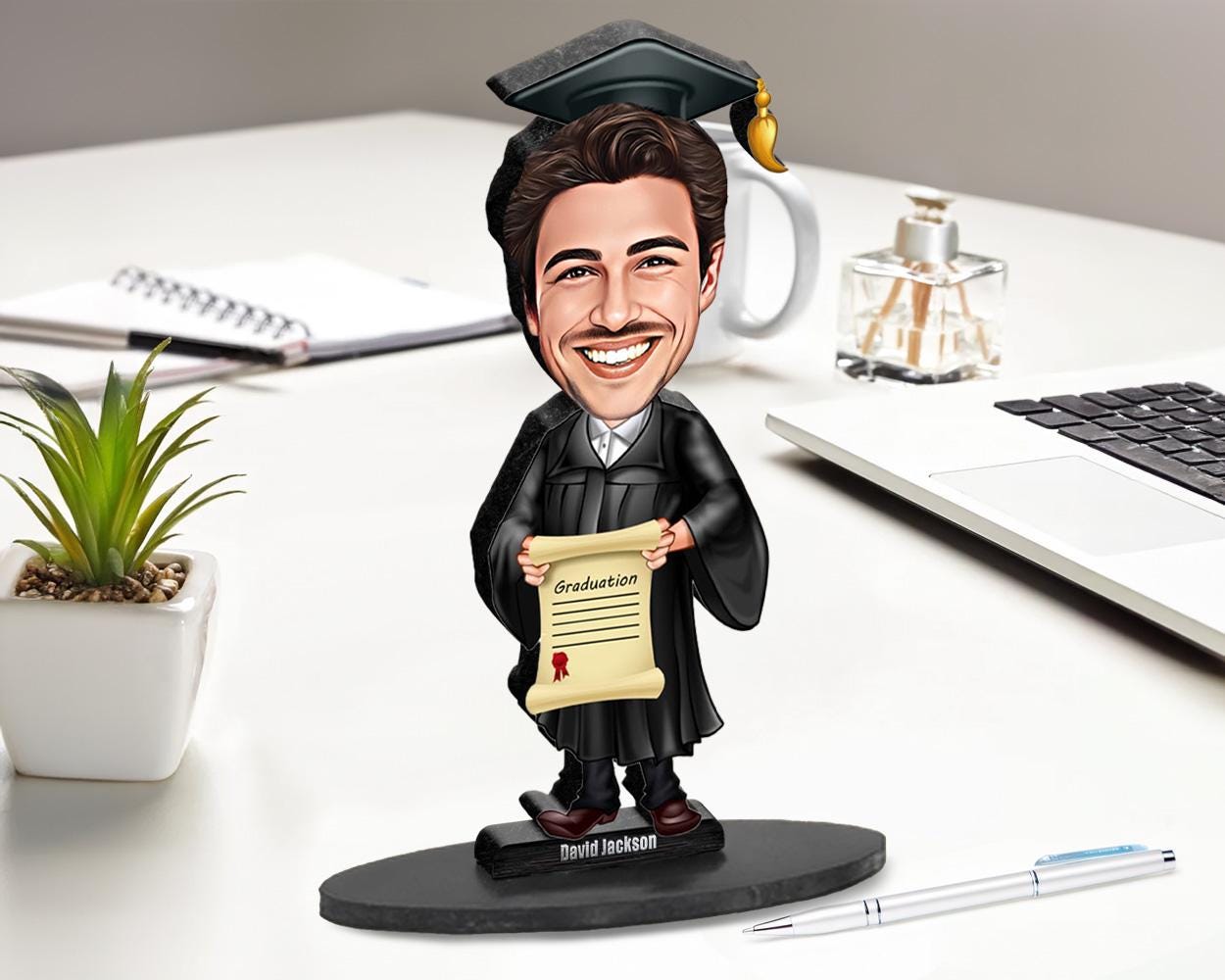 Custom Male Graduation Gift β Personalized Funny Figurine, Magnet, Keychain & Car Charm β Unique Portrait from Your Photo