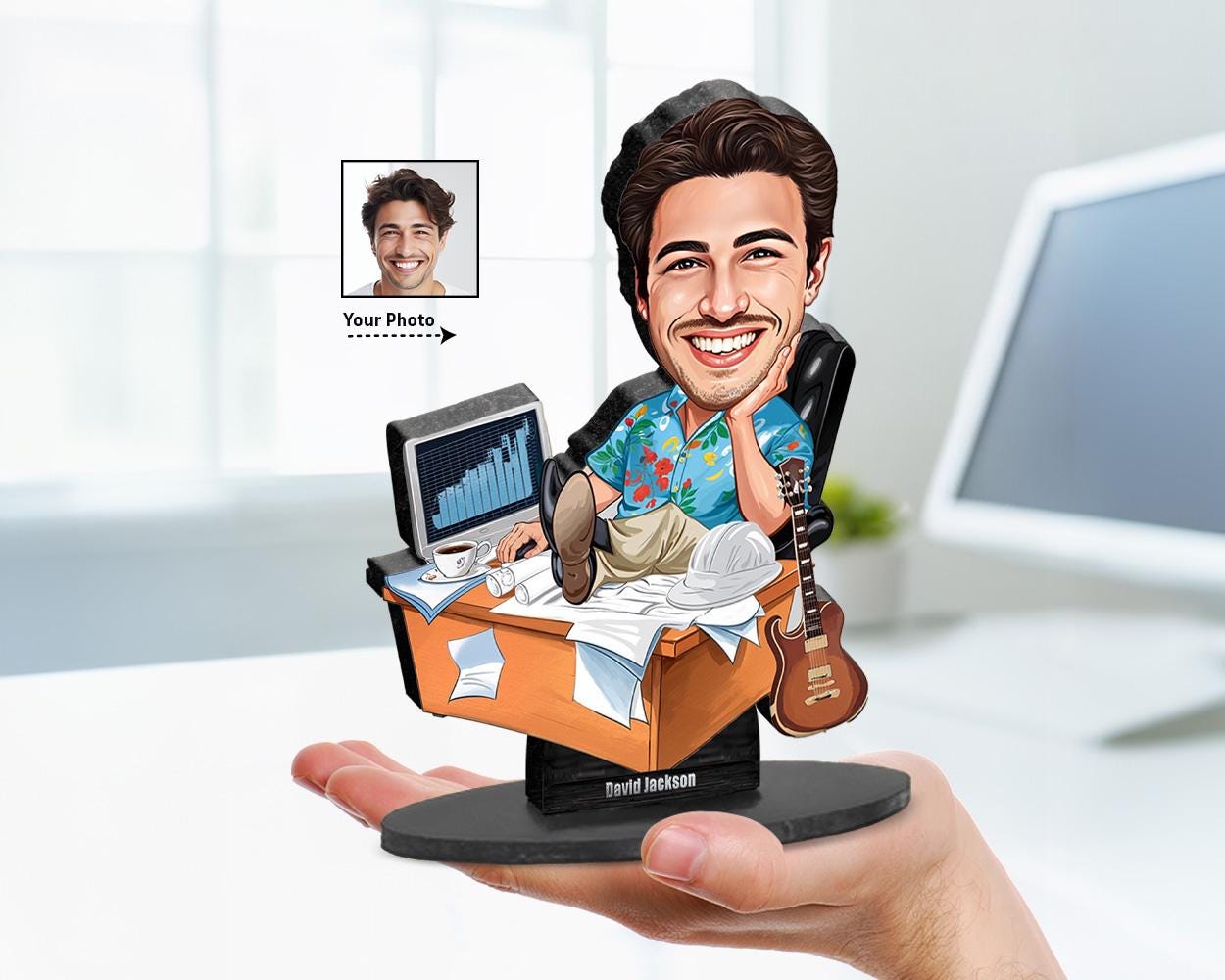 Big-head cartoon of a male office worker at messy desk with laptop, charts, guitar, and helmet β personalized caricature from your photo.