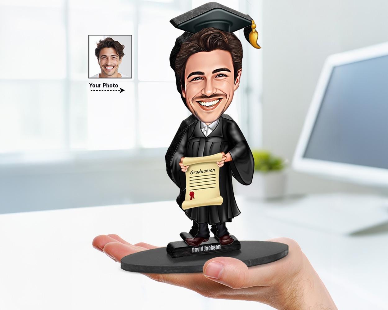 Custom Male Graduation Gift β Personalized Funny Figurine, Magnet, Keychain & Car Charm β Unique Portrait from Your Photo