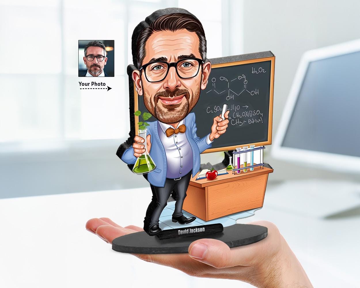 Custom big-head caricature of a chemistry teacher holding a flask, in front of a chalkboard and lab desk. Based on user photo, printed on wood or acrylic.