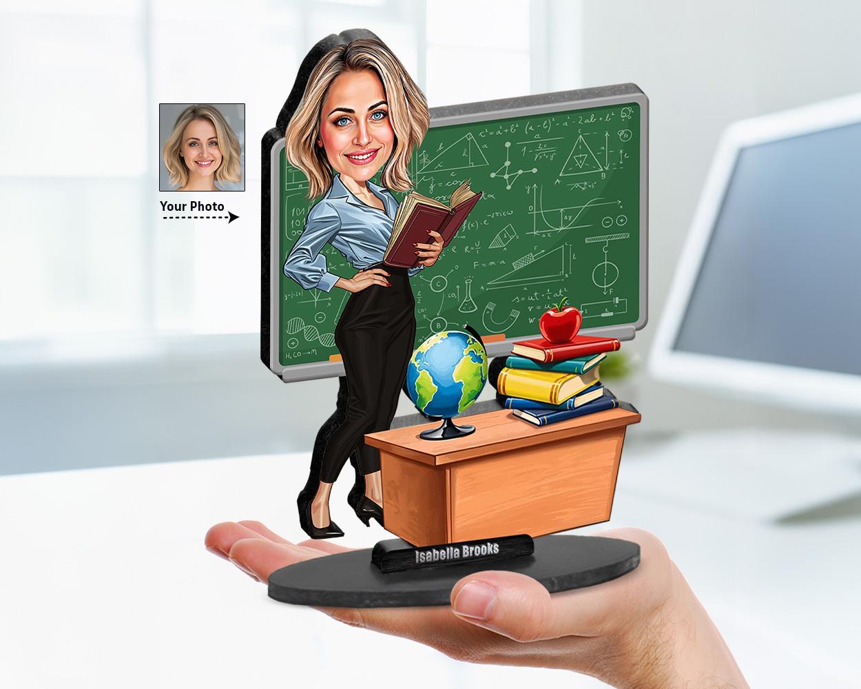 Big-head caricature of a female math and science teacher with chalkboard, globe, books โ custom classroom gift from your photo.