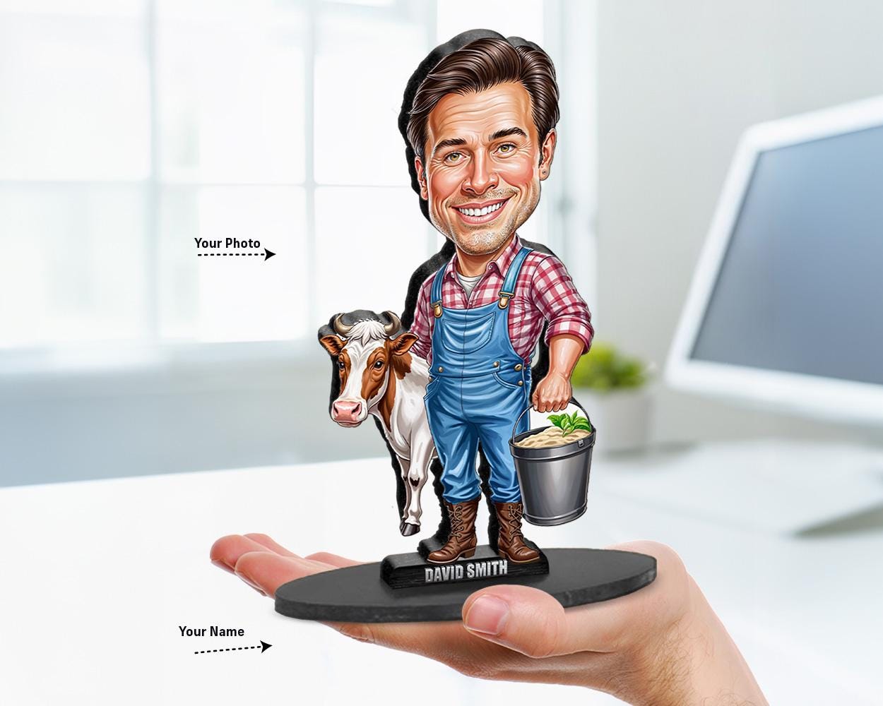 Big-head cartoon caricature of a male farmer with cow and bucket β personalized ranch and dairy-themed gift from photo.