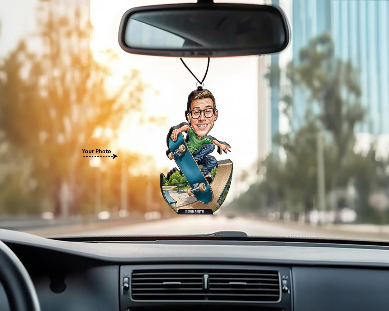 Custom Skateboarder Gift for Men | Funny Skater Figurine with Ramp Scene | Personalized Magnet, Keychain, Car Charm