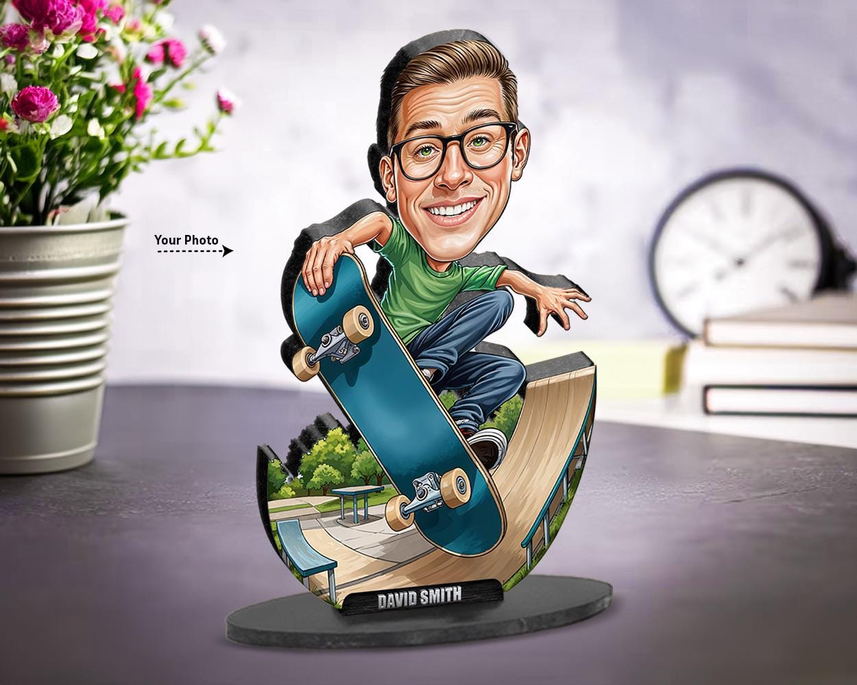 Custom Skateboarder Gift for Men | Funny Skater Figurine with Ramp Scene | Personalized Magnet, Keychain, Car Charm
