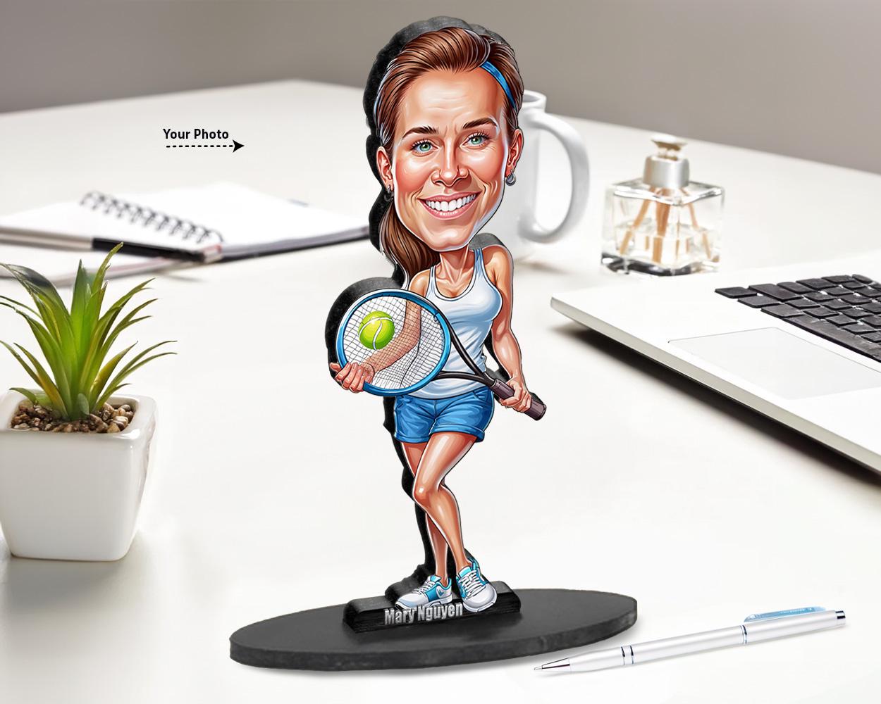 Custom Female Tennis Player Gift β Personalized Coach Figurine, Magnet, Keychain & Car Charm β Funny Caricature Portrait from Your Photo