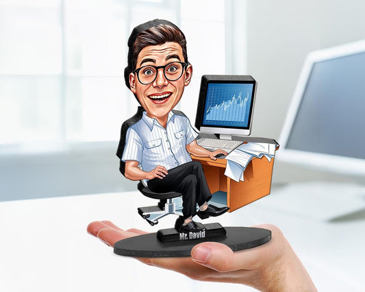 Big-head cartoon caricature of a male data analyst or office worker at desk with financial charts on computer – custom gift from photo.