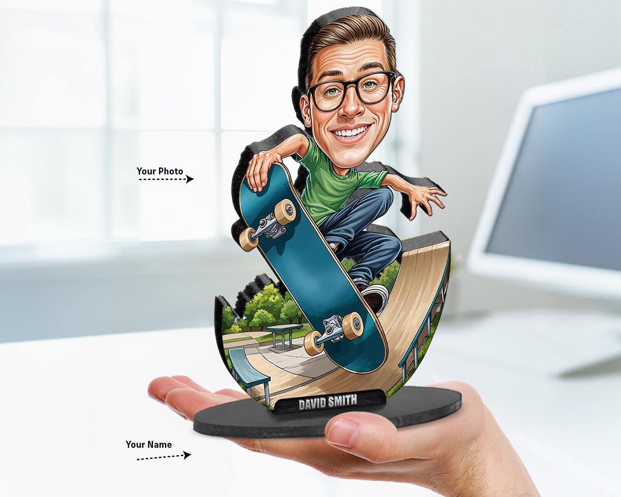 Custom caricature of a smiling skateboarder mid-jump on a halfpipe ramp, holding a blue skateboard. Personalized from your photo and name.