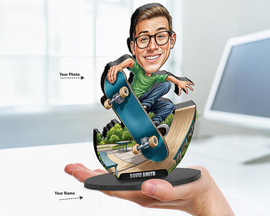 Custom caricature of a smiling skateboarder mid-jump on a halfpipe ramp, holding a blue skateboard. Personalized from your photo and name.