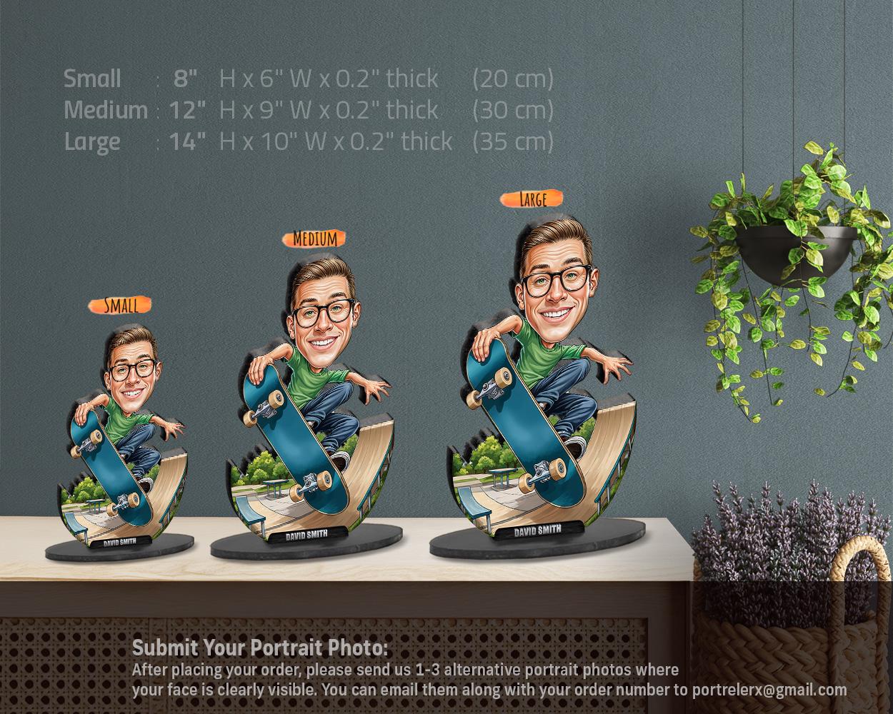 Custom Skateboarder Gift for Men | Funny Skater Figurine with Ramp Scene | Personalized Magnet, Keychain, Car Charm