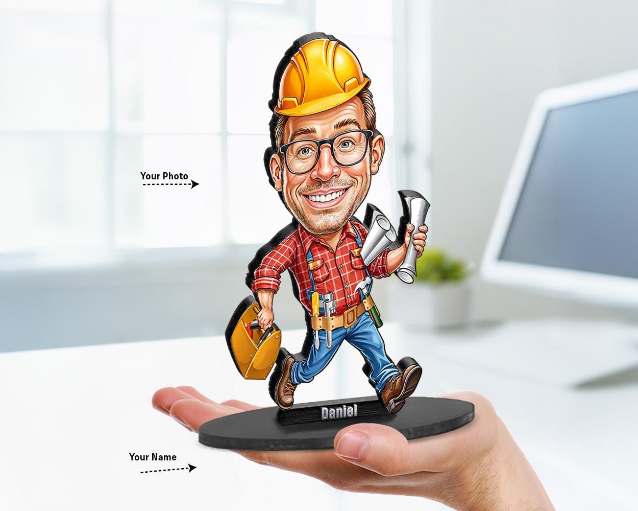 Custom caricature of a smiling male construction worker in a hard hat, holding blueprints and a toolbox. Personalized from your photo.