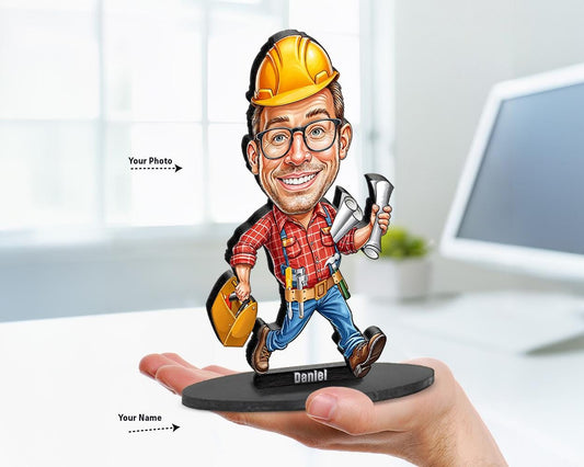 Custom caricature of a smiling male construction worker in a hard hat, holding blueprints and a toolbox. Personalized from your photo.