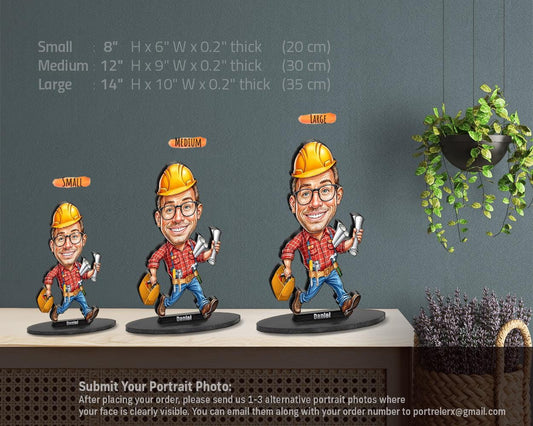 Funny Construction Worker Gift for Him | Custom Engineer Figurine with Hard Hat & Blueprints | Personalized Magnet, Keychain, Car Charm