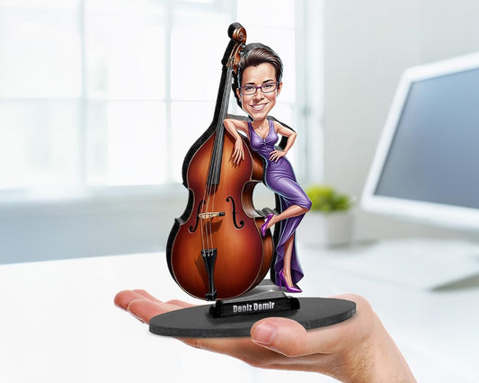Big-head caricature of a female upright bass player in purple dress posing with double bass, printed on wood or acrylic, standing pose, white background.