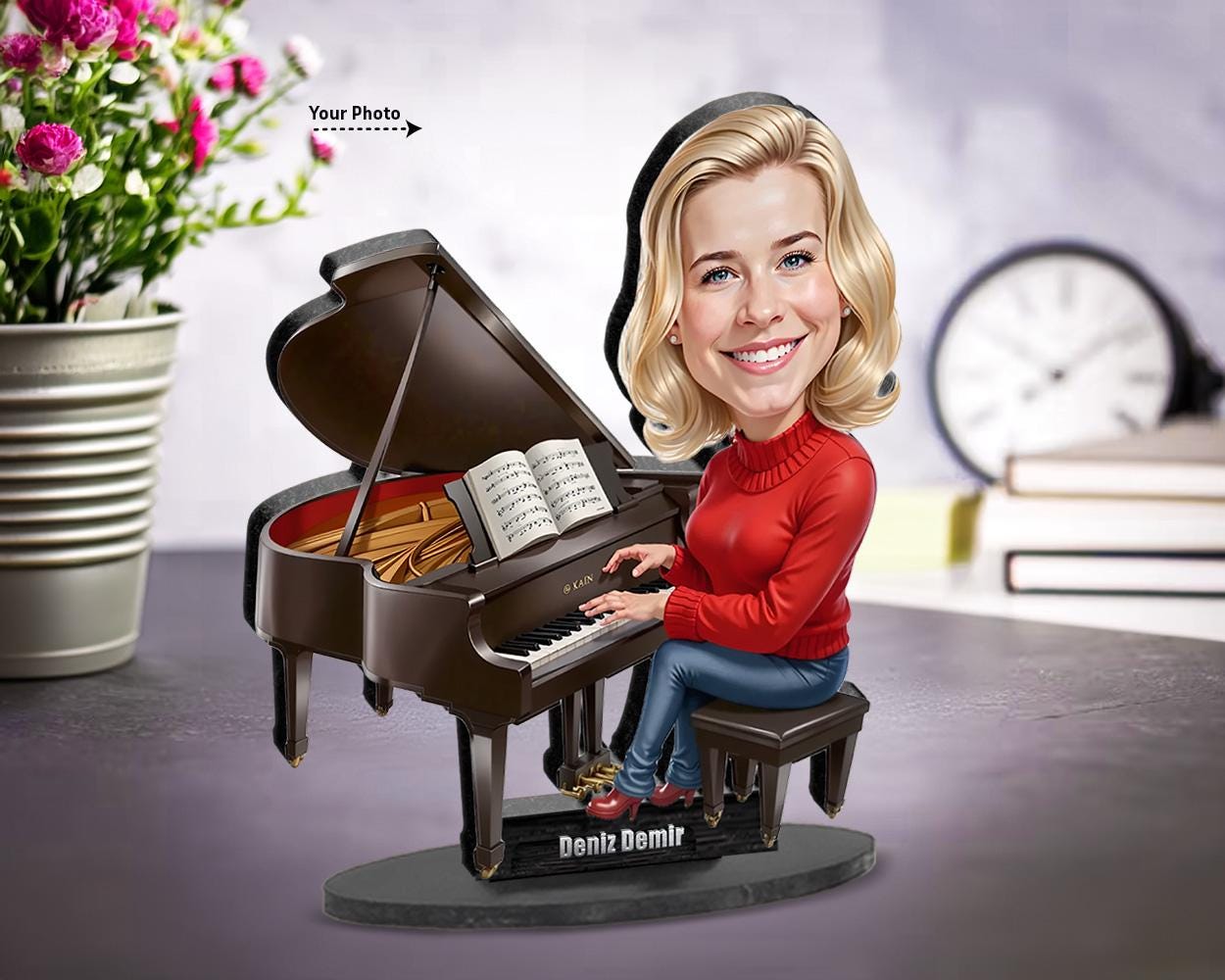 Personalized Pianist Gift | Piano Teacher Caricature Portrait From Your Photo | Funny Gift Sets with Your Photo & Name | PY0137