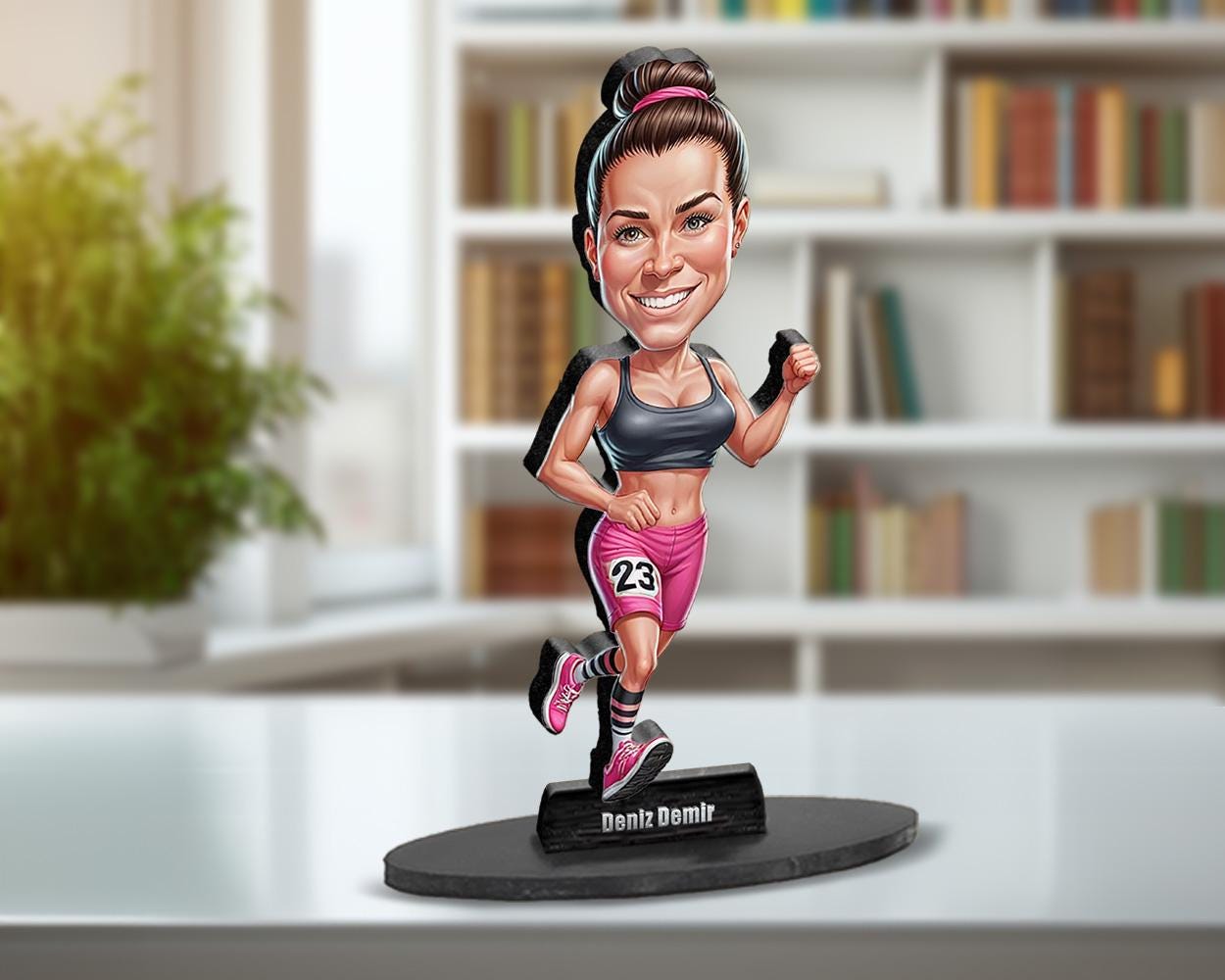 Custom Female Marathon Runner Figurine | Personalized Running Trophy Gift from Your Photo | Caricature Figurine, Magnet, Keychain & CarCharm