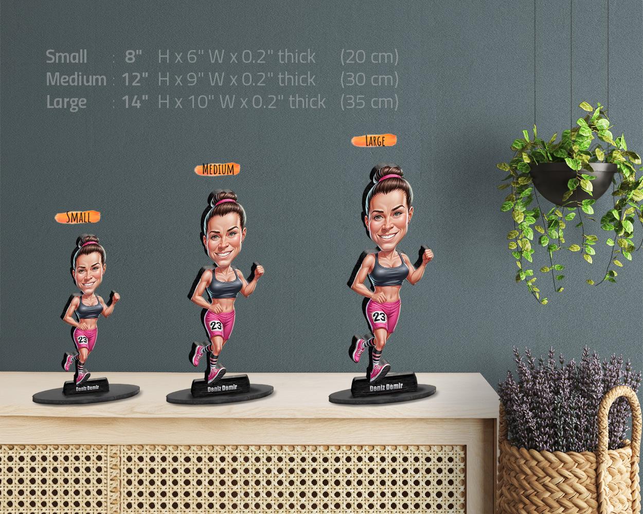 Custom Female Marathon Runner Figurine | Personalized Running Trophy Gift from Your Photo | Caricature Figurine, Magnet, Keychain & CarCharm