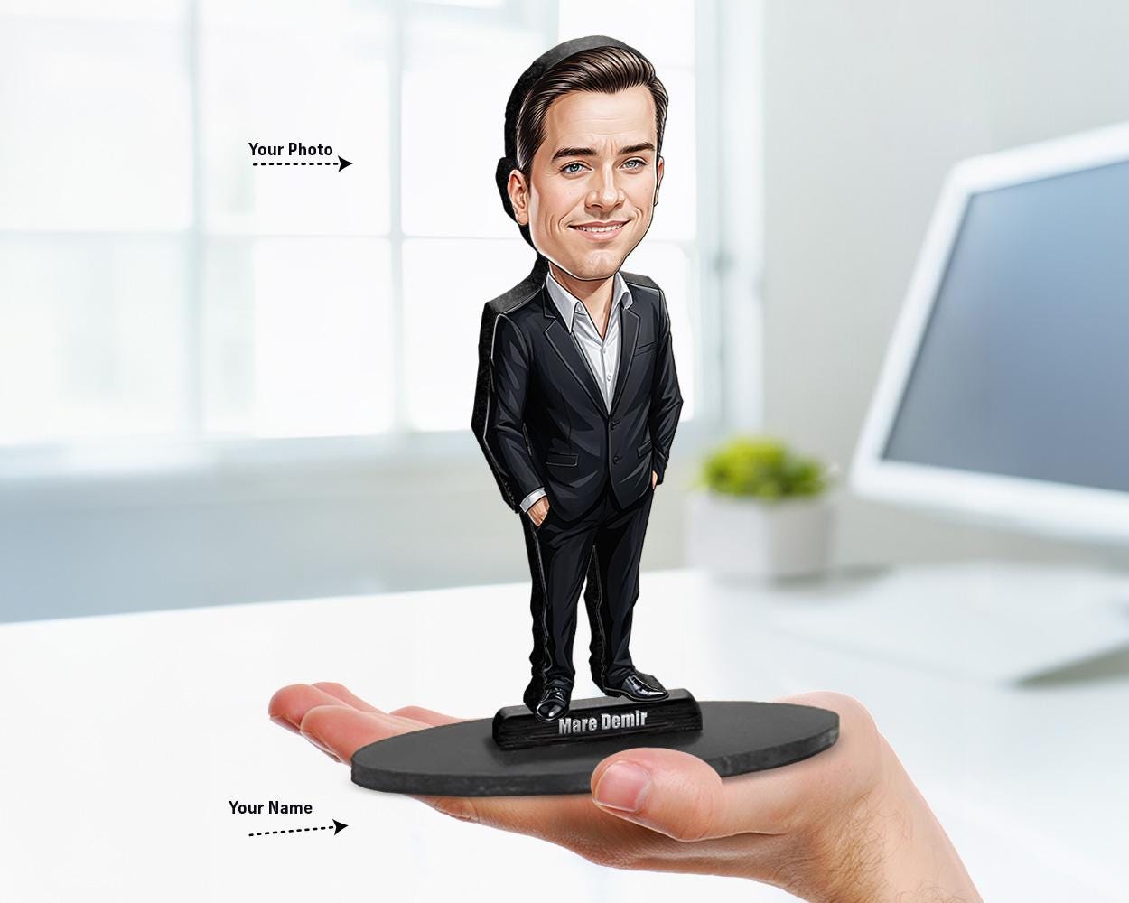 Big-head cartoon caricature of a young professional man, custom-made from a photo, printed on clear acrylic or mounted on a wooden base.