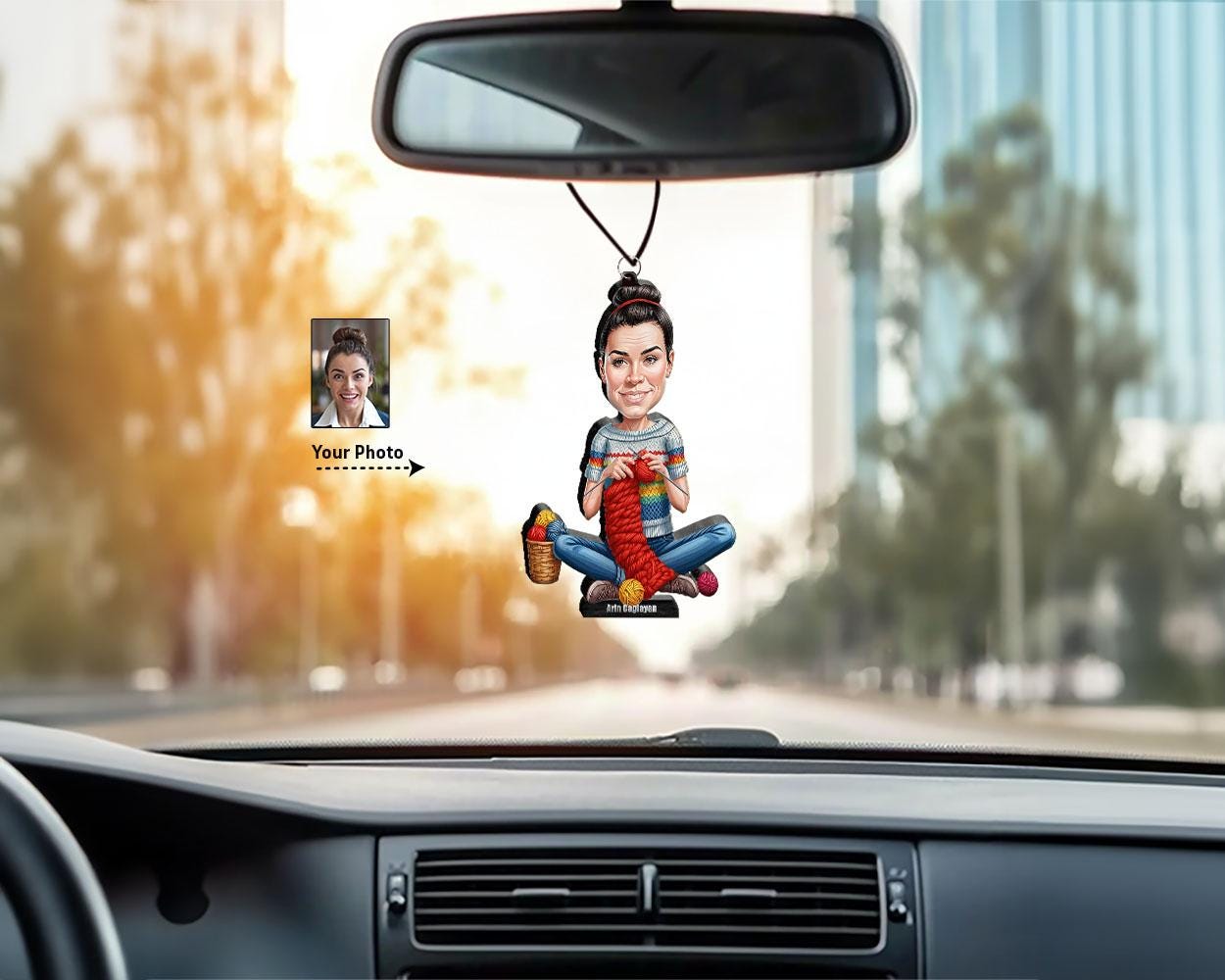 Custom Knitting Woman Gift β Personalized Funny Figurine, Magnet, Keychain & Car Charm β Unique Portrait from Your Photo