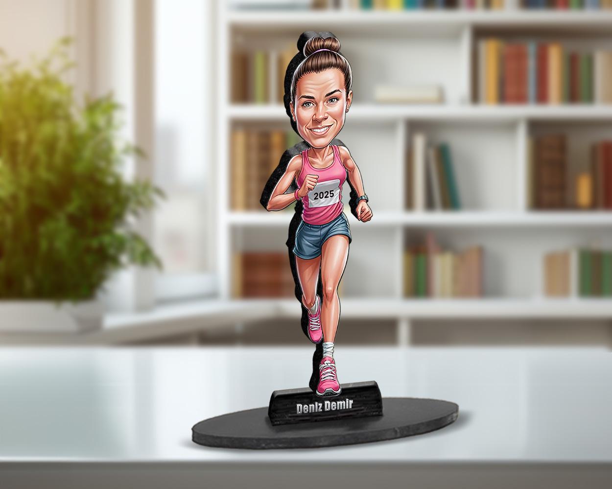 Personalized Female Marathon Runner Gift, Custom Caricature Figurine, Magnet, Keychain & Car Charm β Unique Running Portrait from Your Photo