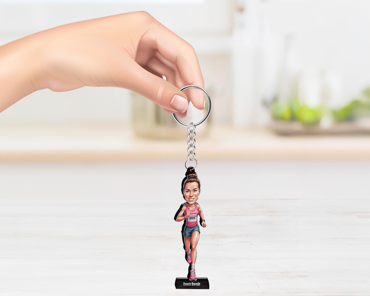 Personalized Female Marathon Runner Gift, Custom Caricature Figurine, Magnet, Keychain & Car Charm β Unique Running Portrait from Your Photo
