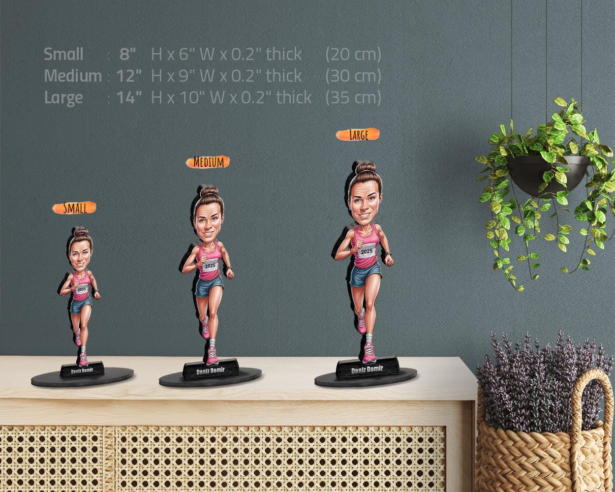 Personalized Female Marathon Runner Gift, Custom Caricature Figurine, Magnet, Keychain & Car Charm β Unique Running Portrait from Your Photo