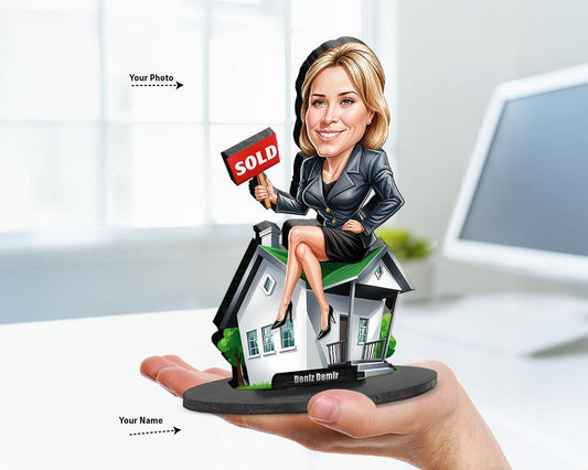 Big-head cartoon caricature of a male or female realtor, custom-made from a photo, printed on clear acrylic or mounted on a wooden base.