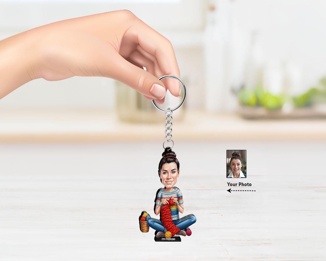 Custom Knitting Woman Gift β Personalized Funny Figurine, Magnet, Keychain & Car Charm β Unique Portrait from Your Photo