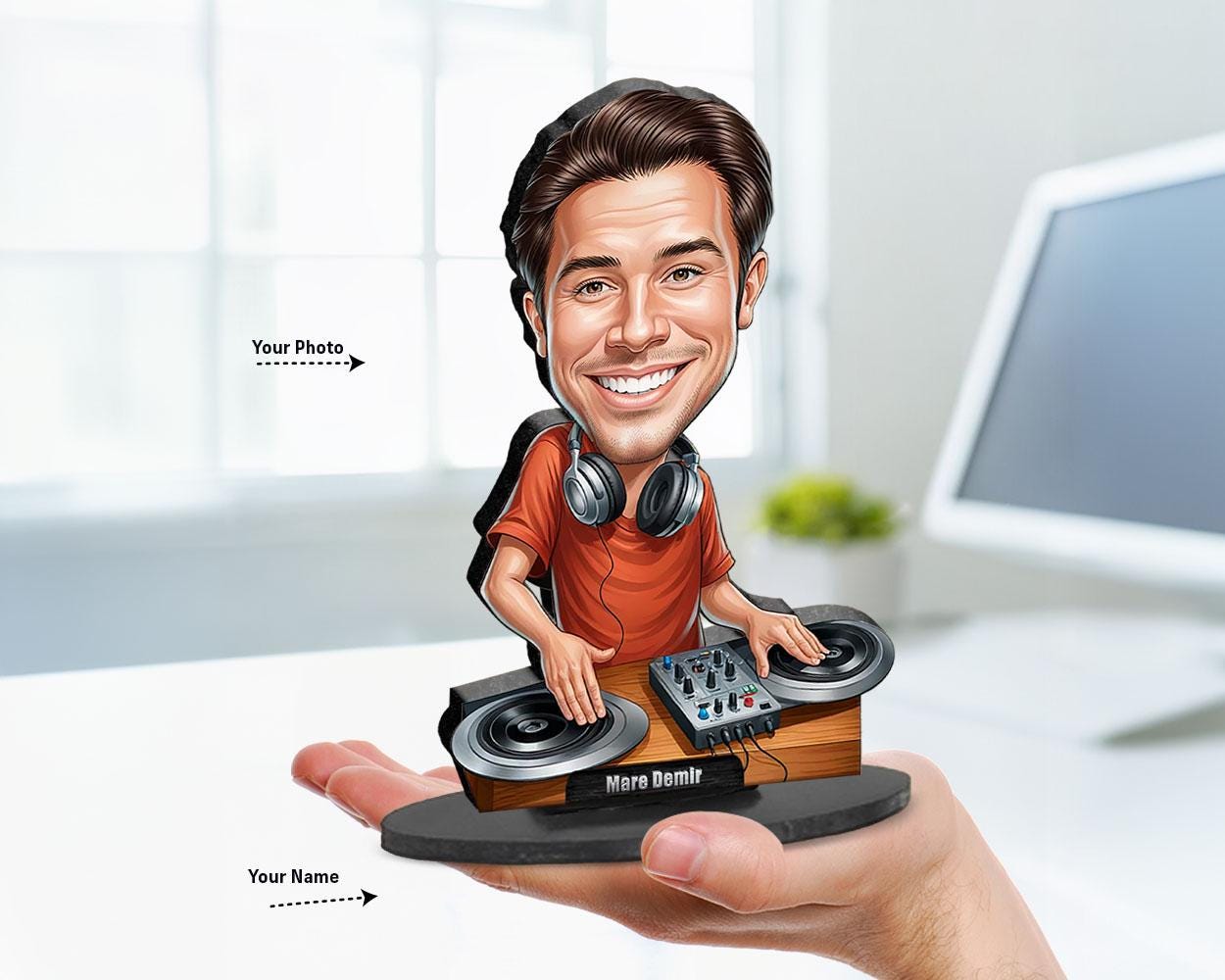 Personalized DJ Gift | Custom Fun Dj Gift Caricature Portrait From Your Photo | 3D Wooden Figurine Trinket- DJ132