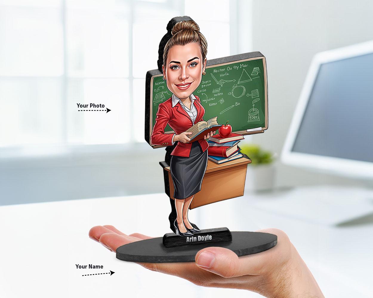 Big-head cartoon caricature of a female elementary school teacher, custom-made from a photo, printed on clear acrylic or mounted on a wooden base.