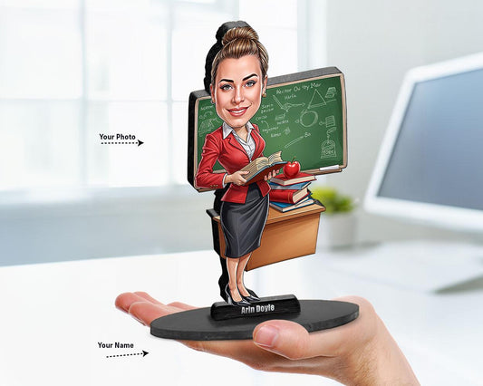 Big-head cartoon caricature of a female elementary school teacher, custom-made from a photo, printed on clear acrylic or mounted on a wooden base.
