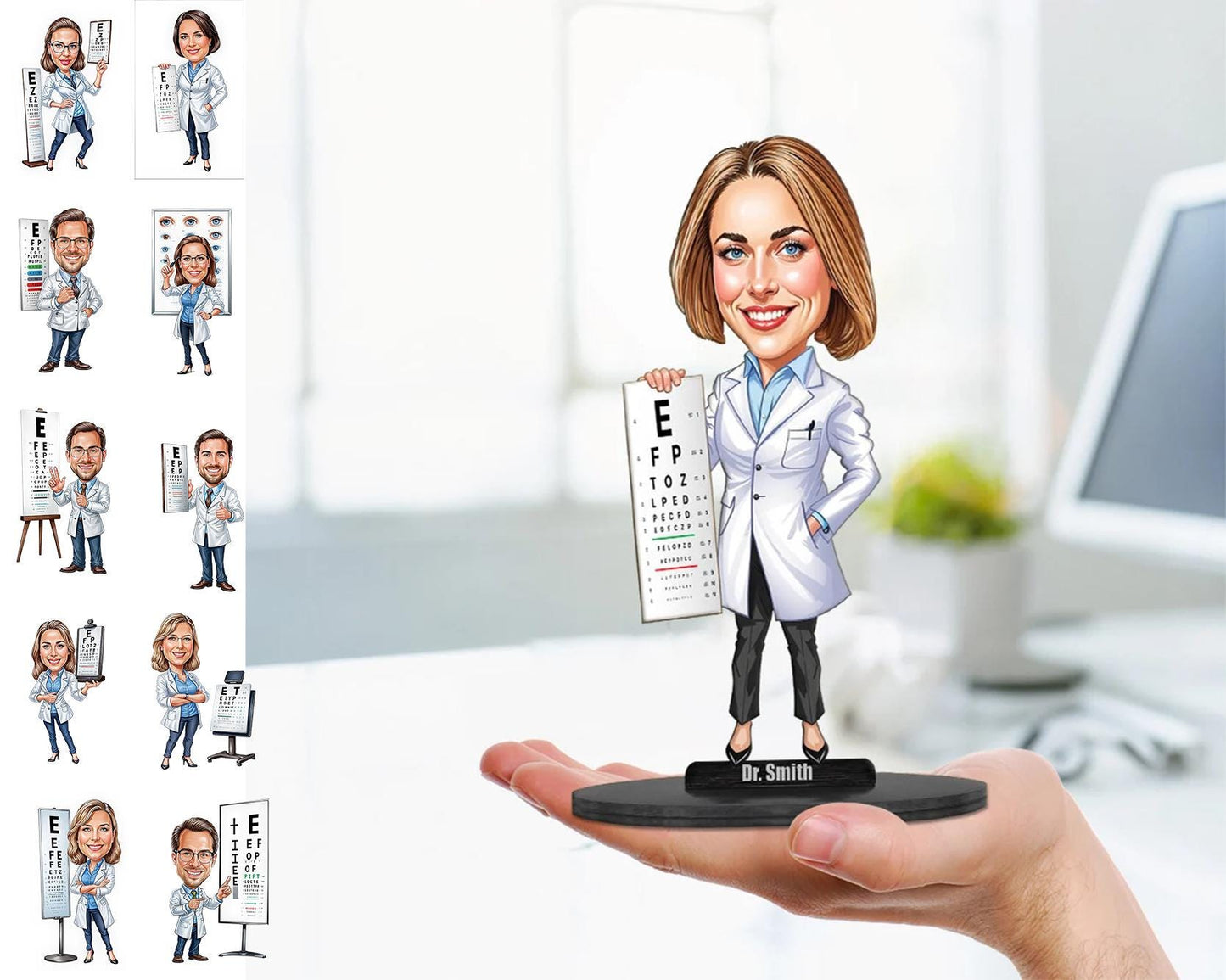 Optometrist Gift | Optician | Eye Doctor Gift | Caricature Portrait From Your Photo | Personalized Wooden Cartooned Figurine Trinket
