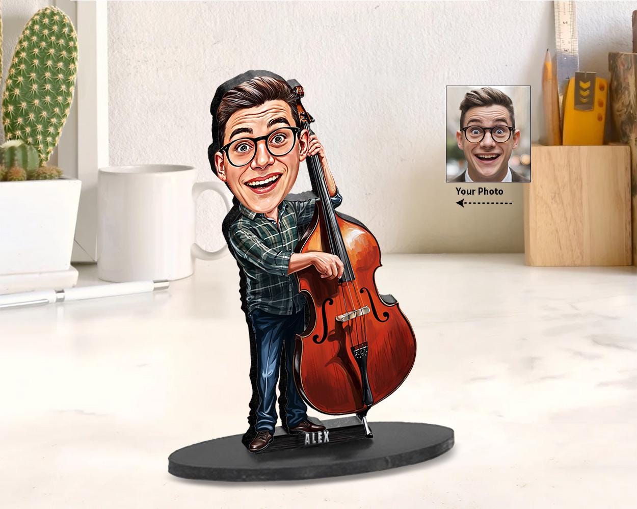 Personalized Double Bass Player Gifts | Cello Player Caricature Portrait From Your Photo | Funny Gift Sets with Your Photo & Name | DW235