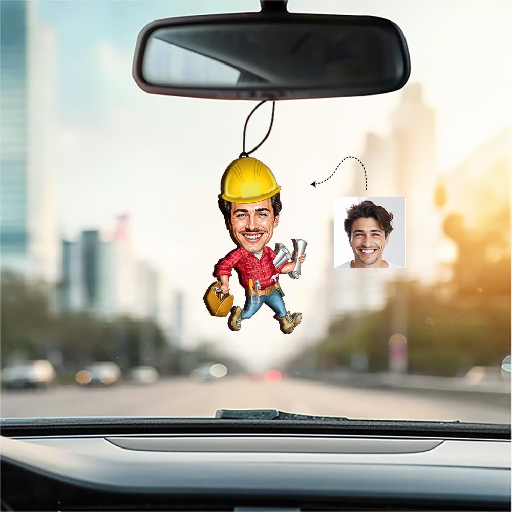 Funny Construction Worker Gift for Him | Custom Engineer Figurine with Hard Hat & Blueprints | Personalized Magnet, Keychain, Car Charm