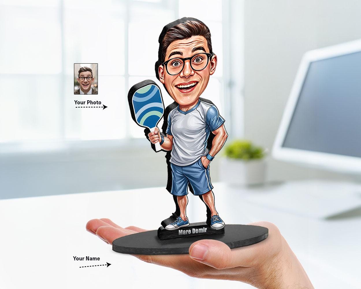 Personalized Pickleball Player Gift | Pickleball Teacher Caricature Portrait From Your Photo | 3D Wooden Figurine Trinket- PCT13
