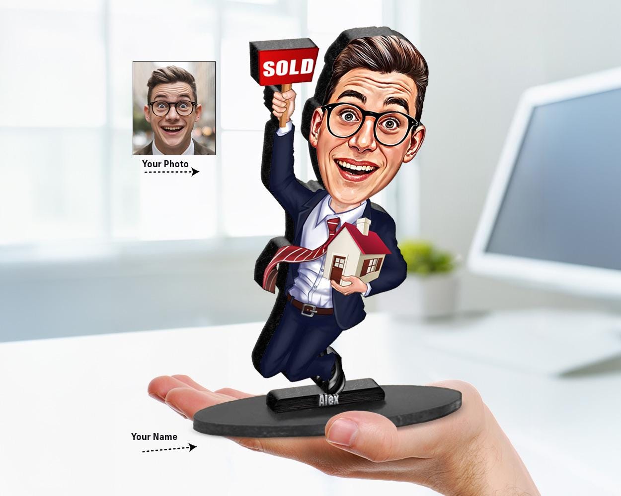 Funny Realtor Gift for Women or Men β Custom Real Estate Agent Figurine, Magnet, Keychain & Car Charm β Personalized from Photo