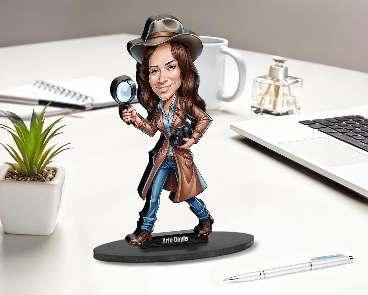 Detective Personalized Gift β Wooden Figurine, Custom Keychain, Car Mirror Charm, Funny Magnet for Him