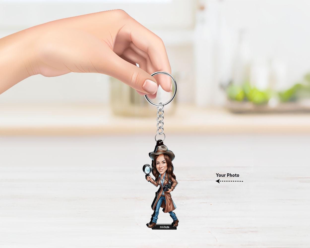 Detective Personalized Gift β Wooden Figurine, Custom Keychain, Car Mirror Charm, Funny Magnet for Him