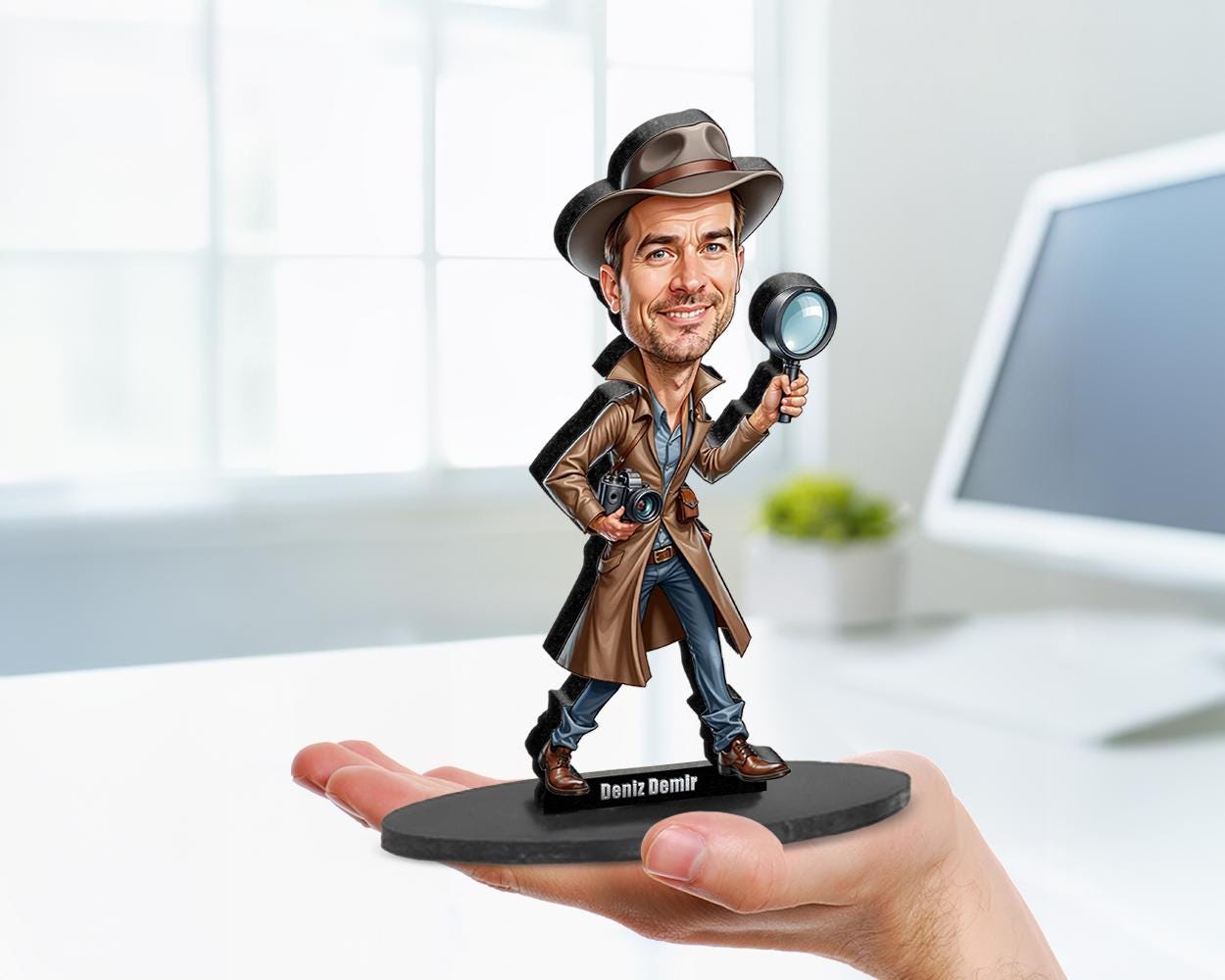 Detective Personalized Gift β Wooden Figurine, Custom Keychain, Car Mirror Charm, Funny Magnet for Him