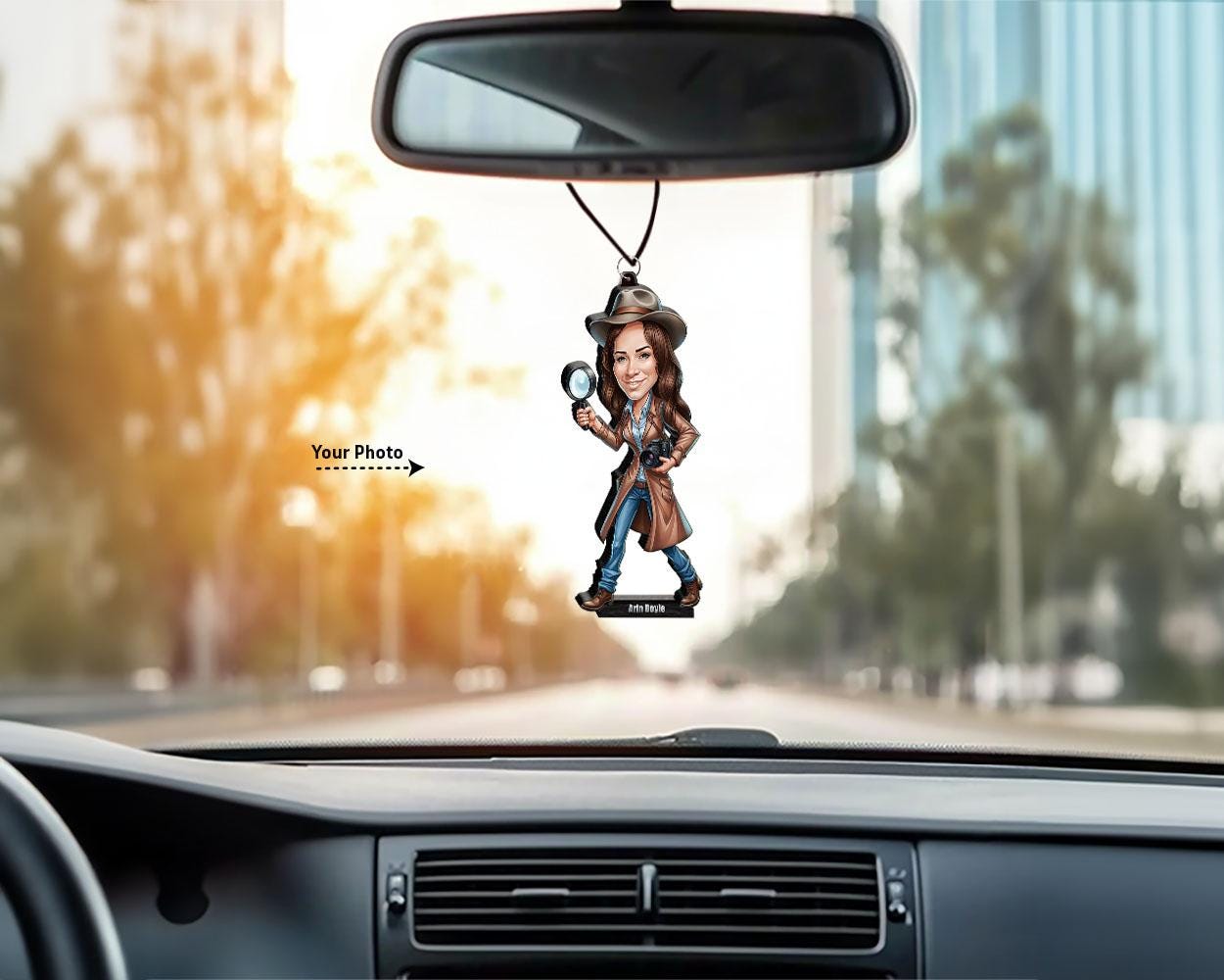 Detective Personalized Gift β Wooden Figurine, Custom Keychain, Car Mirror Charm, Funny Magnet for Him