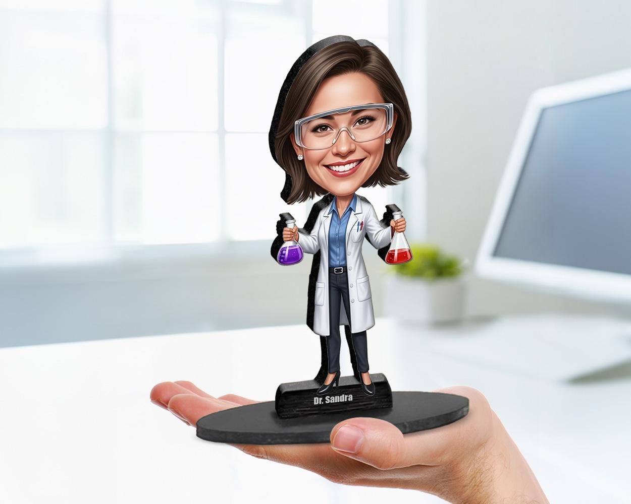 Big-head cartoon caricature of a chemist, custom-made from a photo, printed on clear acrylic or mounted on a wooden base.