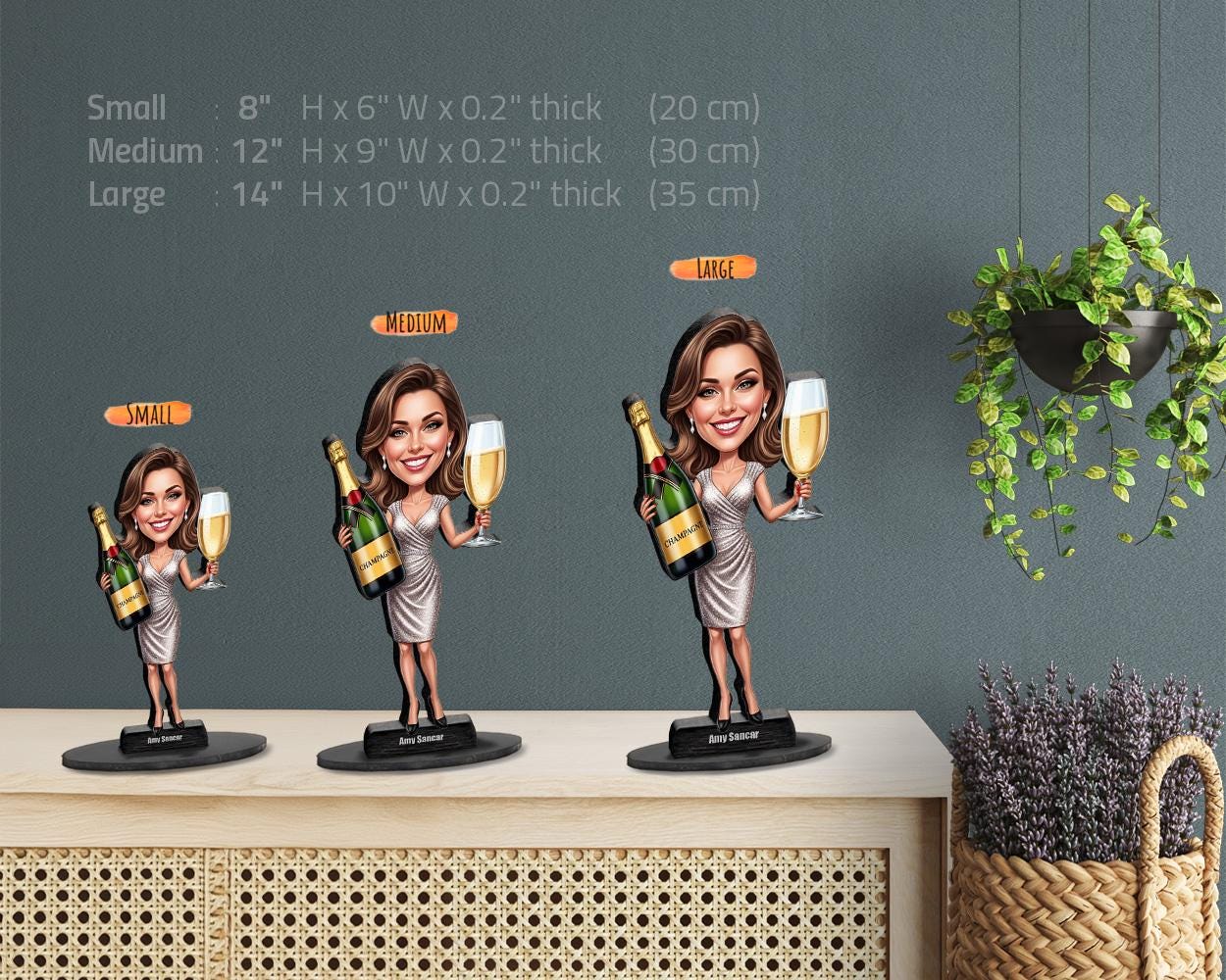 Funny Champagne Gift for Women β Personalized Celebration Figurine, Magnet, Keychain & Car Charm β Custom Caricature from Your Photo