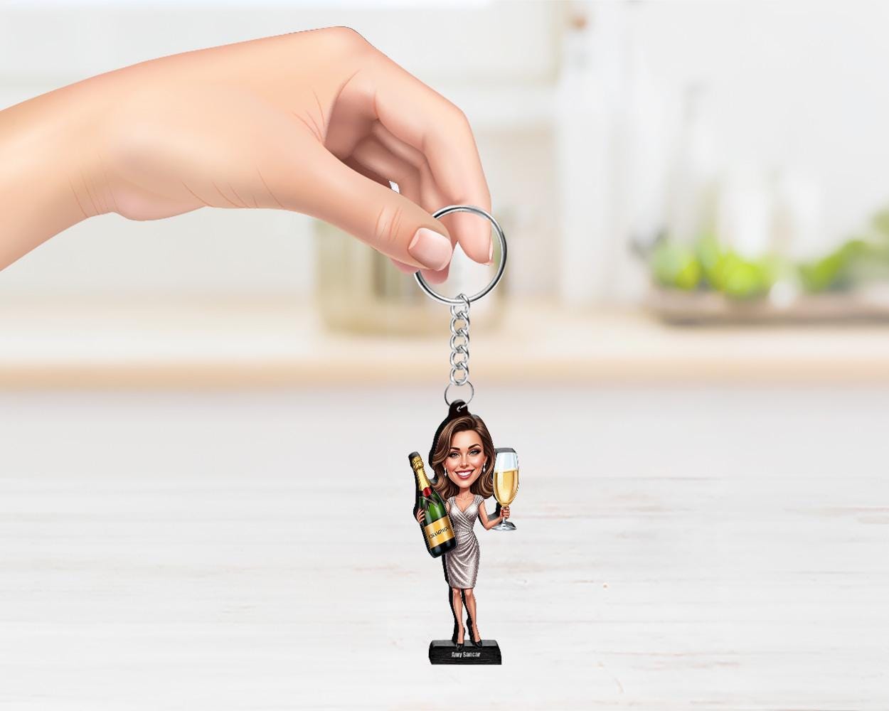 Funny Champagne Gift for Women β Personalized Celebration Figurine, Magnet, Keychain & Car Charm β Custom Caricature from Your Photo