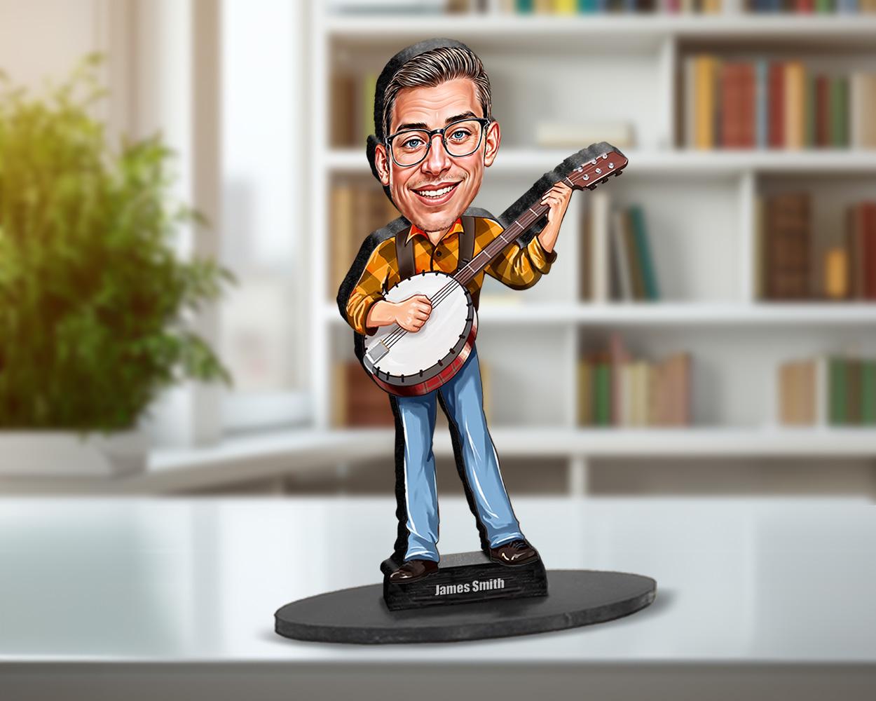 Custom Banjo Player Gift for Men β Personalized Funny Figurine, Magnet, Keychain & Car Charm β Unique Musician Caricature from Your Photo