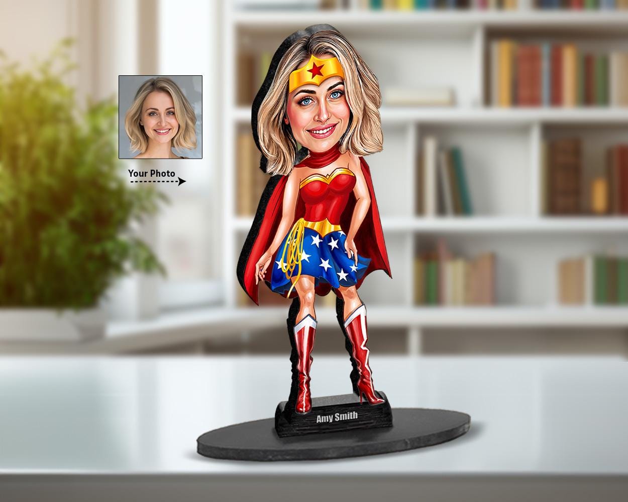 Superhero Woman Figurine | Custom Wonder-Inspired Portrait Gift | Personalized Acrylic or Wooden Trophy from Photo