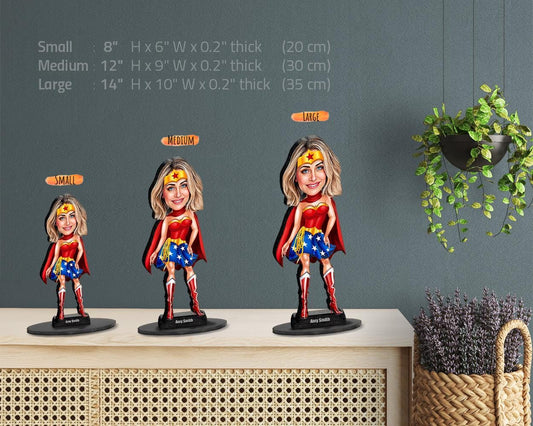 Superhero Woman Figurine | Custom Wonder-Inspired Portrait Gift | Personalized Acrylic or Wooden Trophy from Photo