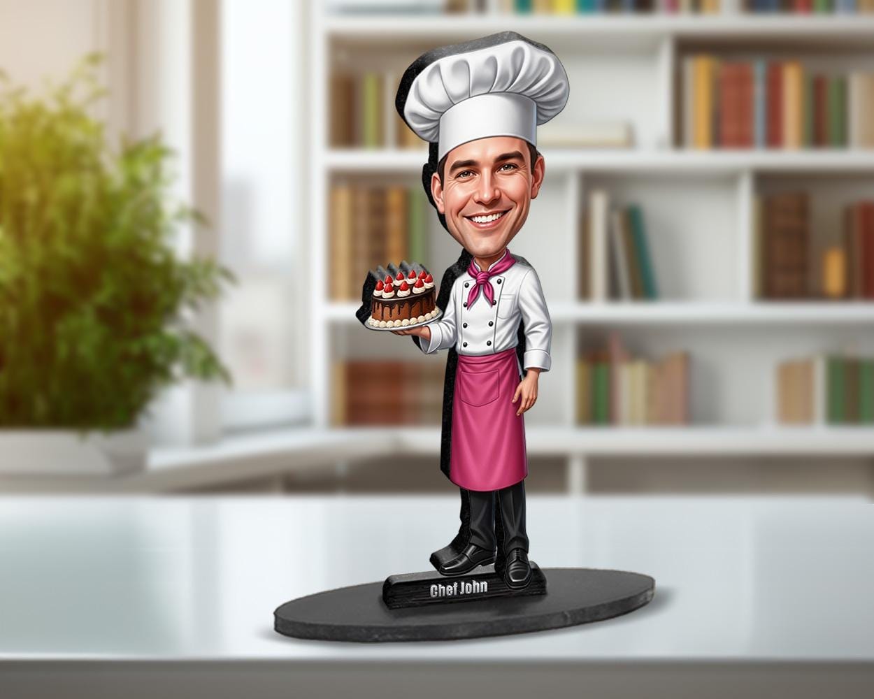 Personalized Male Pastry Chef Gift β Custom Baker Figurine, Magnet, Keychain & Car Charm β Unique Caricature Portrait from Your Photo