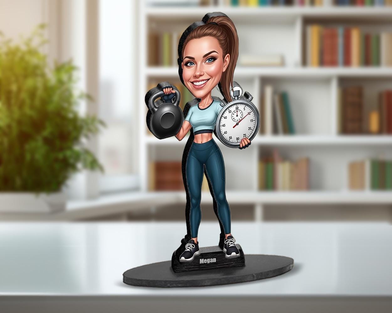 Personalized Female Personal Trainer Gift – Custom Caricature Figurine, Magnet, Keychain & Car Charm – Fitness Coach Portrait from Photo